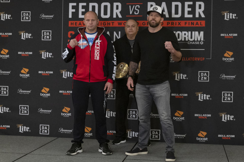 LOS ANGELES, CA - JANUARY 24: Fedor Emelianenko, left, Bellator president Scott Coker and Ryan Bader during Bellator 214 Media Day at the Westin Los Angeles Airport in Los Angeles, Thursday, Jan 24, 2019. (Photo by Hans Gutknecht/MediaNews Group/The Los Angeles Daily News via Getty Images)