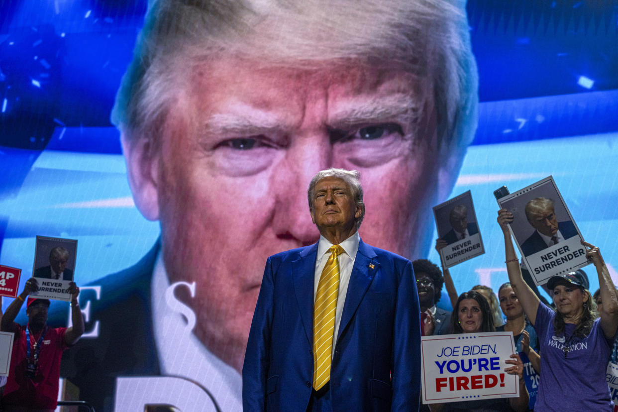 Former President Donald Trump speaks at a campaign event at Dream City Church in Phoenix on Thursday, June 6, 2024. (Ash Ponders/The New York Times)