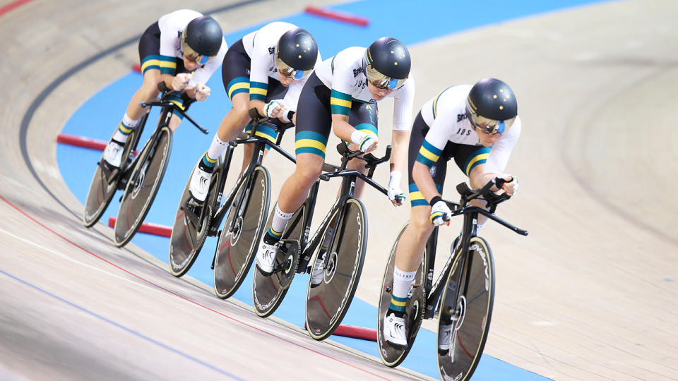 Annette Edmondson, Ashlee Ankudinoff, Georgia Baker and Amy Cure, pictured here at the UCI Track Cycling World Championships in 2019.