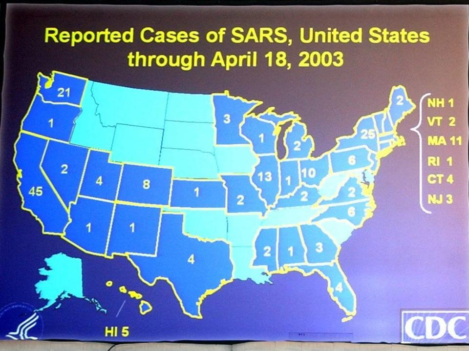 A map of SARS cases in the US in April 2003.