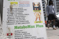 A sign advertises supplements for weight loss in New York, Thursday, April 25, 2024. It's now illegal to sell weight loss and muscle-building supplements to minors in New York. The first-in-the-nation law went into effect this week. (AP Photo/Seth Wenig)