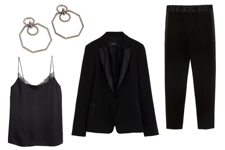 <p>Borrow from the boys with a tuxedo look, adding a lace-trimmed camisole and sparkly earrings to make it your own.</p> <p><strong>Shop Now:</strong> J.Crew Pavé Octagon Earrings, $60. <a rel="nofollow noopener" href="https://www.jcrew.com/p/womens_category/jewelry/statement/pav-octagon-earrings/K3534?color_name=crystal" target="_blank" data-ylk="slk:jcrew.com;elm:context_link;itc:0;sec:content-canvas" class="link ">jcrew.com</a>. Mango Satin Lace Top, $40. <a rel="nofollow noopener" href="https://shop.mango.com/us/women/shirts-tops/satin-lace-top_31025810.html?c=99&n=1&s=PartyCollection_she" target="_blank" data-ylk="slk:mango.com;elm:context_link;itc:0;sec:content-canvas" class="link ">mango.com</a>. Zara Tuxedo Jacket, $100. <a rel="nofollow noopener" href="https://www.zara.com/us/en/tuxedo-jacket-p07810783.html?v1=6582552&v2=1143013" target="_blank" data-ylk="slk:zara.com;elm:context_link;itc:0;sec:content-canvas" class="link ">zara.com</a>. Zara Tuxedo Pants, $50. <a rel="nofollow noopener" href="https://www.zara.com/us/en/tuxedo-pants-p07838783.html?v1=6682531&v2=1143013" target="_blank" data-ylk="slk:zara.com;elm:context_link;itc:0;sec:content-canvas" class="link ">zara.com</a>.</p>