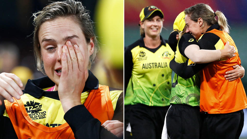 Pictured here, Ellyse Perry sheds tears of joy after Australia seals its spot in the Women's T20 World Cup final.