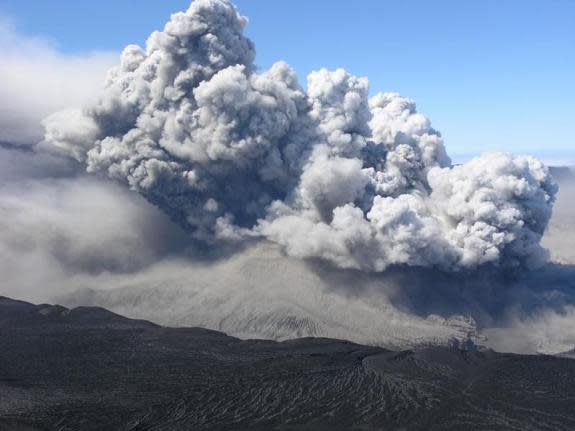 Mount Okmok erupting on Aug. 2, 2008.