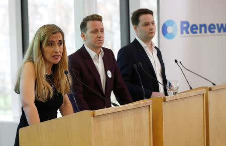 Sandra Khadhouri, together with fellow Renew party members James Clarke and James Torrance, speaks at the launch of the new political party in London, Britain, February 19, 2018. REUTERS/Peter Nicholls