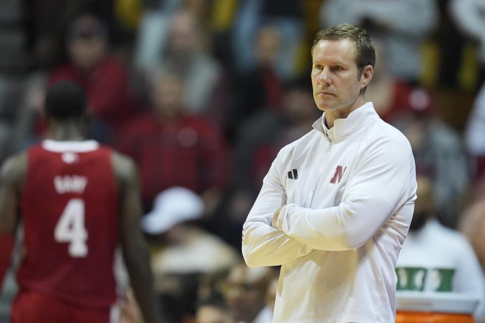 Nebraska head coach Fred Hoiberg looks on during the second half of an NCAA college basketball game against Indiana, Wednesday, Feb. 21, 2024, in Bloomington, Ind. (AP Photo/Darron Cummings)