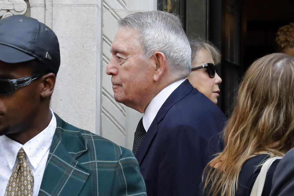 Newsman Dan Rather leave the funeral of former Manhattan District Attorney Robert Morgenthau at Temple Emanu-El, in New York, Thursday, July 25, 2019. (AP Photo/Richard Drew)