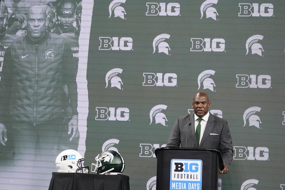 Michigan State head coach Mel Tucker talks to reporters during an NCAA college football news conference at the Big Ten Conference media days at Lucas Oil Stadium, Wednesday, July 27, 2022, in Indianapolis. (AP Photo/Darron Cummings)