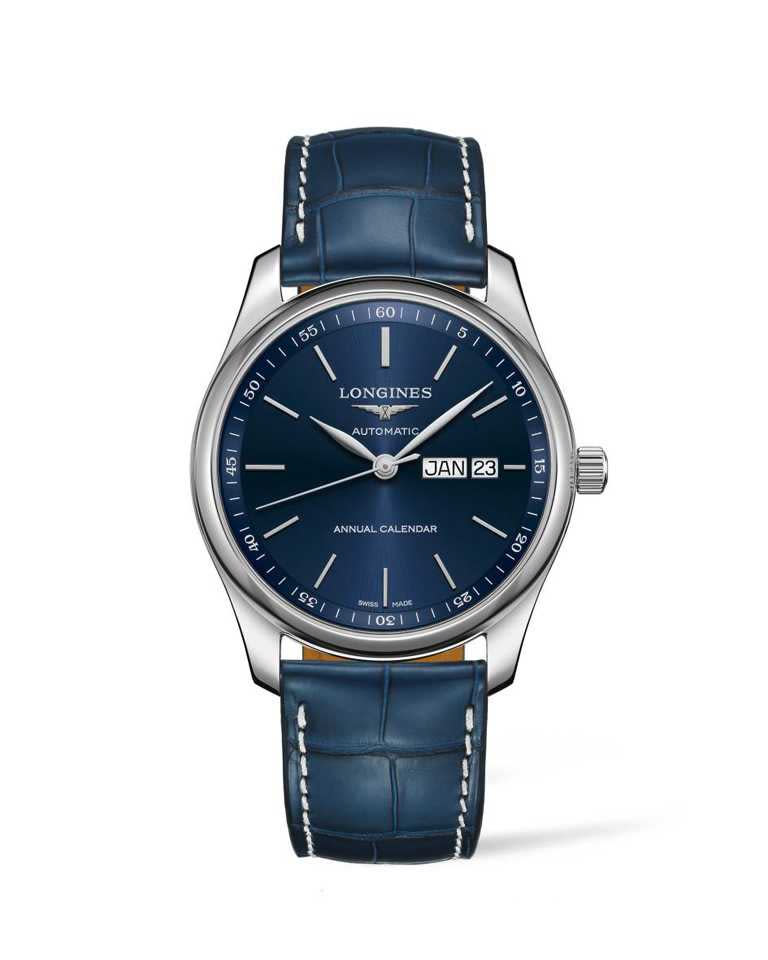 Longines「Master巨擘系列」年曆腕錶，藍色面盤╱73,000元。（圖╱Longines提供）