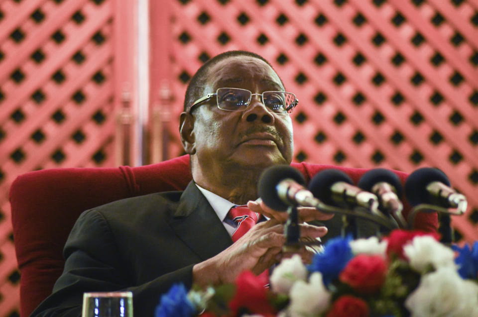 Malawian President Peter Mutharika addresses the media at a news conference in Blantyre, Malawi, Saturday, June 27, 2020. More than 6 million Malawians went to the polls in an election re-run Tuesday, June 23, 2020, after a court overturned last year's election results and ordered a fresh vote. (AP Photo/Thoko Chikondi)