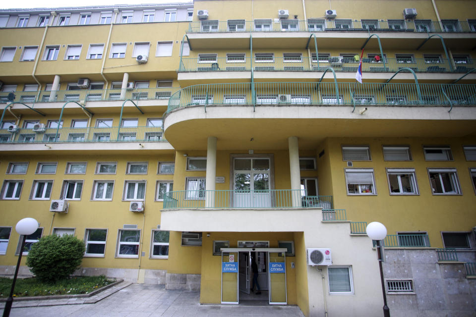 General view of a hospital in Belgrade, Serbia, Wednesday, May 3, 2023. Serbian police say a teenage boy opened fire at a school in central Belgrade, killing several children and hospitalizing several more.(AP Photo/Milos Miskov)