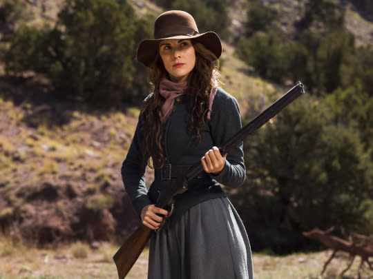 <p>Strong and independent, widow Alice Fletcher’s first response when a wounded man shows up at the ranch where she lives with her teen son and Paiute Indian mother in-law is to shoot at him. But she allows him to stay, at first so he can heal, but then because he proves himself useful.<br> (Photo: James Minchin/Netflix) </p>