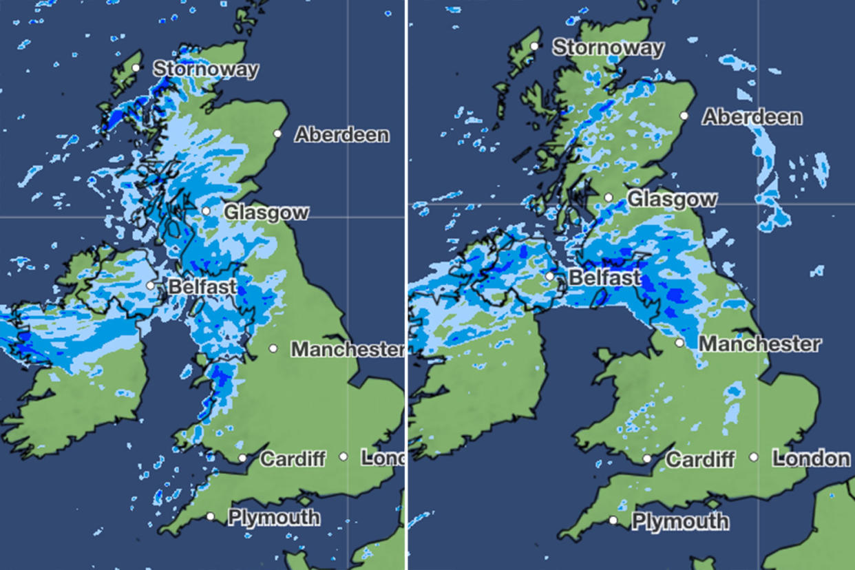 Expected rain on Sunday at 10am (left) and 4pm. (Met Office)