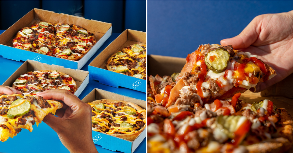 A collage of Domino's new varieties of burger pizzas featuring American cheese, ketchup, gherkins and other burgery goodies