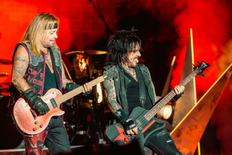 Vince Neil and Nikki Sixx of Motley Crue (Photo by Medios y Media/Getty Images)