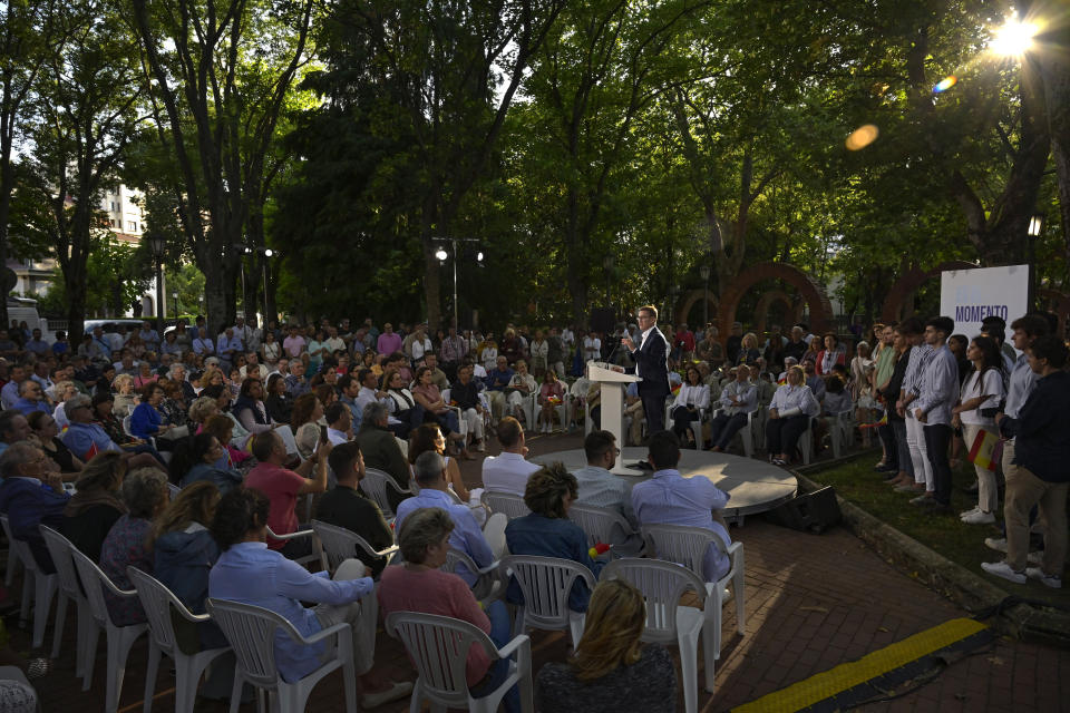 Popular Party candidate Nunez Feijoo speaks to his supporters during a campaign rally in Pamplona, northern Spain, Saturday, July 15, 2023. The conservative Popular Party candidate for Sunday's general election is mostly unknown outside Spain, but he has been the country's most solid regional leader so far this century and has never lost an election. (AP Photo/Alvaro Barrientos)