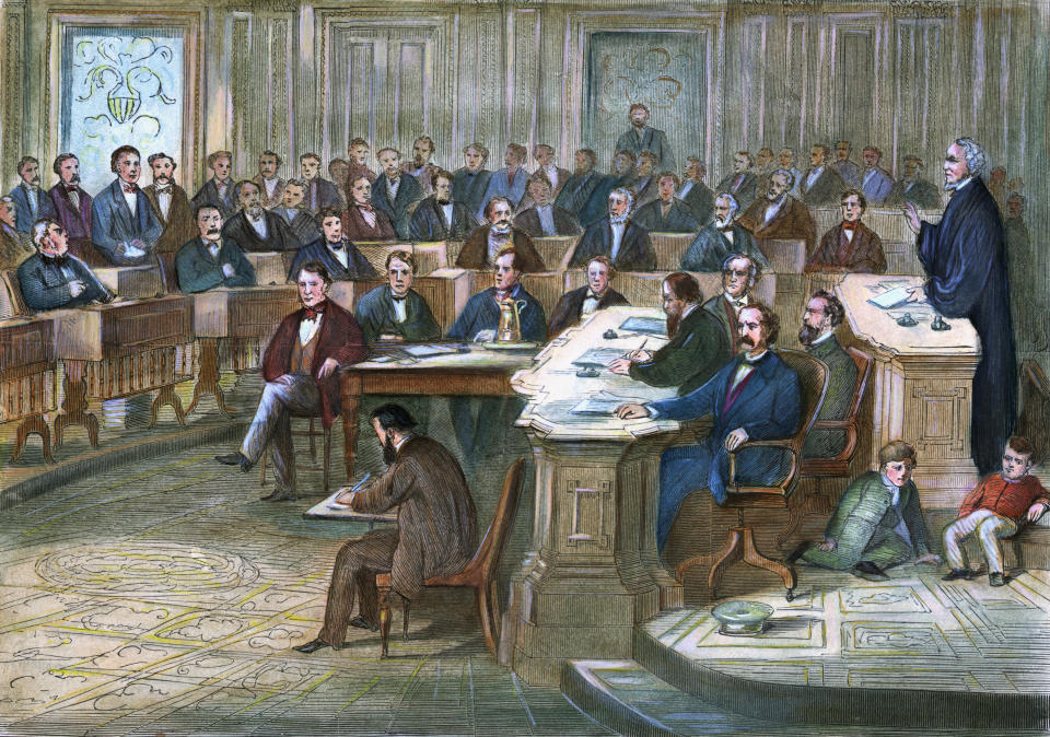 Engraving depicts a courtroom scene during the 1868 impeachment of Andrew Johnson.