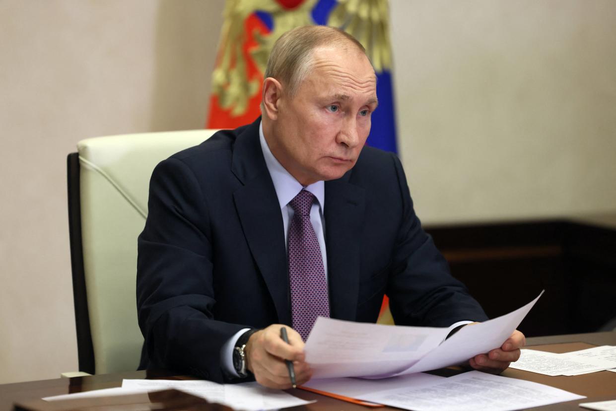 Russian President Vladimir Putin chairs a meeting on the development prospects of the national selection breeding and genetics via a video conference at the Novo-Ogaryovo state residence, outside Moscow, on November 21, 2022. (Photo by Mikhail Metzel / SPUTNIK / AFP) (Photo by MIKHAIL METZEL/SPUTNIK/AFP via Getty Images)