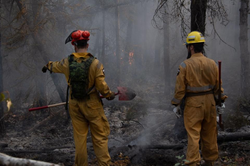 A member of B Company, 2nd Battalion, Royal 22e Régiment, conducts Type III firefighting operations in the vicinity of Hay River, N.W.T., in support of Operation LENTUS on Aug. 22.