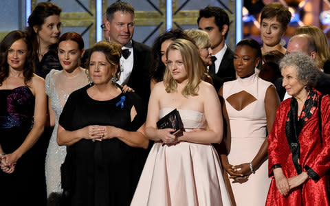 Margaret Atwood (far right) with the show's cast and crew at the 2017 Emmys - Credit: Getty