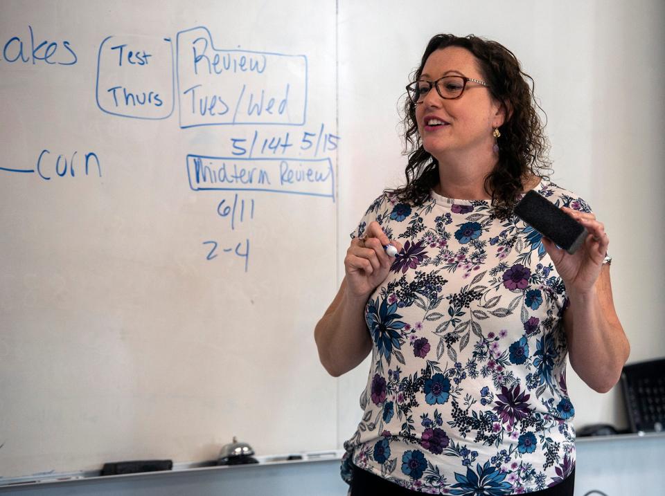 Framingham High School teacher Rebecca Maynard teaches ninth grade honors biology in her classroom, May 14, 2024.