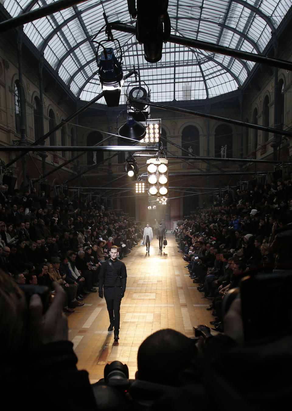 A model wears a creation for Lanvin fall-winter 2013/2014 men's fashion collection, presented in Paris, Sunday, Jan.20, 2013. (AP Photo/Christophe Ena)