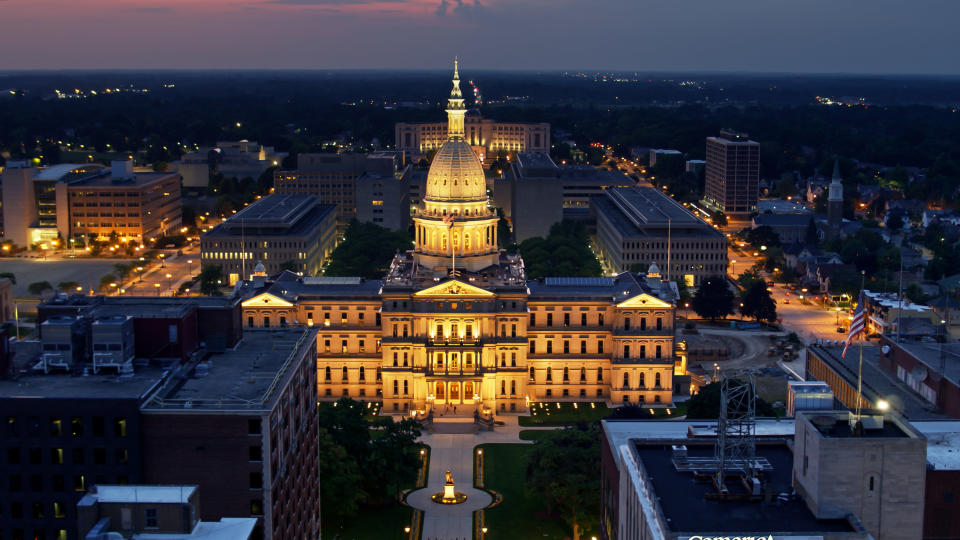 Drone shot of the Michigan State Capitol in Lansing on a summer evening