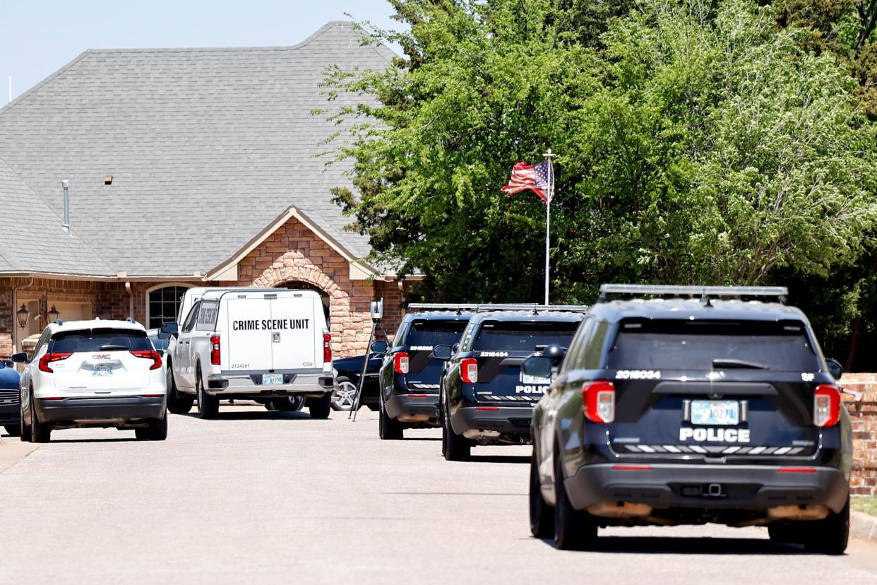 Oklahoma City police investigate after 5 were found dead in a home near Yukon in Oklahoma City, on Monday, April 22, 2024.