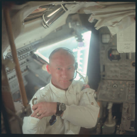 Astronaut Edwin E. Aldrin Jr., lunar module pilot, is pictured in the Apollo 11 Lunar Module (LM) during the lunar landing mission July 20, 1969. REUTERS/NASA/Handout