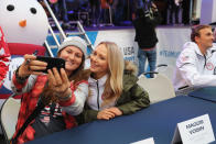 <p>Skier Devin Logan (L) and skier Maggie Voisin take a selfie during the 100 Days Out 2018 PyeongChang Winter Olympics Celebration – Team USA in Times Square on November 1, 2017 in New York City. (Photo by Elsa/Getty Images for USOC) </p>