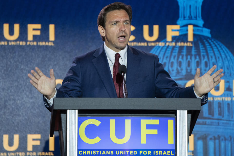 Republican presidential candidate Florida Gov. Ron DeSantis speaks to the Christians United For Israel (CUFI) Summit 2023, Monday, July 17, 2023, in Arlington, Va. (AP Photo/Jacquelyn Martin)