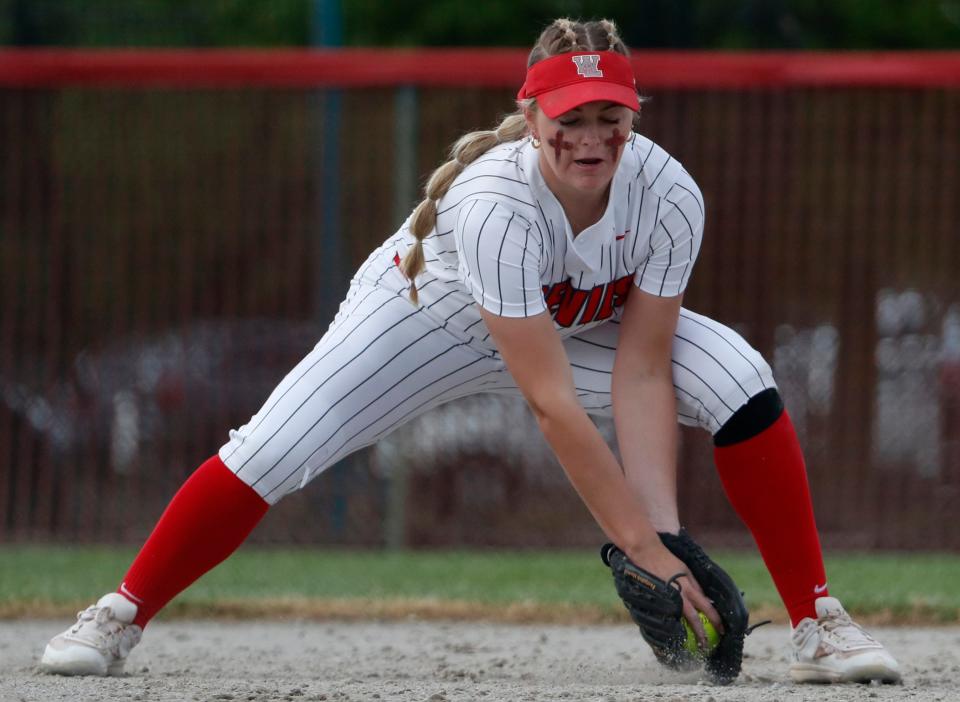West Lafayette Red Devils Adrianne Tolen (7) fields a ground ball during the IHSAA softball game against the Western Panthers, Friday, May 10, 2024, at West Lafayette High School in West Lafayette, Ind. Western won 3-0.
