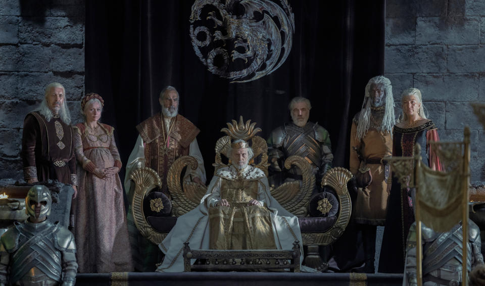 King Jaehaerys at the Great Council, flanked by Viserys and his wife, Aemma, on the left, and Lord Corlys Velaryon and Princess Rhaenys on the right. (HBO)