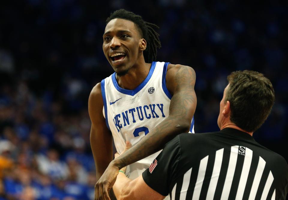 Kentucky’s Aaron Bradshaw is held back by a ref during the team's game against Tennessee at Rupp Arena on Feb. 3. The Wildcats allowed 103 points to the Vols in an 11-point loss.