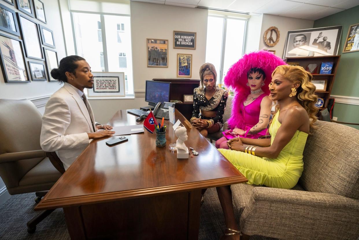 Drag performers and Priyanka, Sasha Velour and Jaida Essence Hall are at the Tennessee State Capitol for the April 26, 2024, premiere of Season 4 of the Max show "We're Here." In this photo, they met with state Rep. Justin Jones, D-Nashville, left.