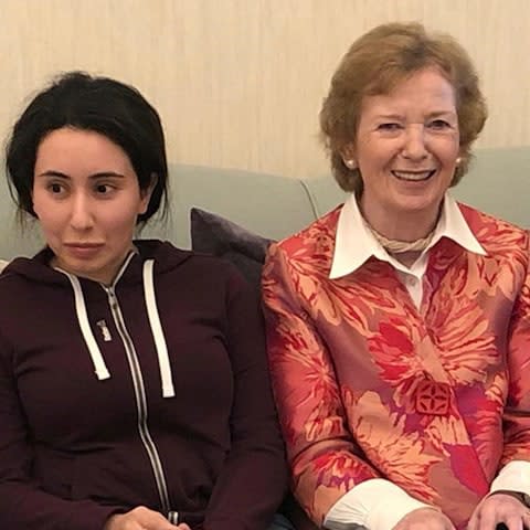 UAE authorities released pictures of Mary Robinson with Sheikha Latifa - Credit: United Arab Emirates Ministry of Foreign Affairs and International Cooperation via AP