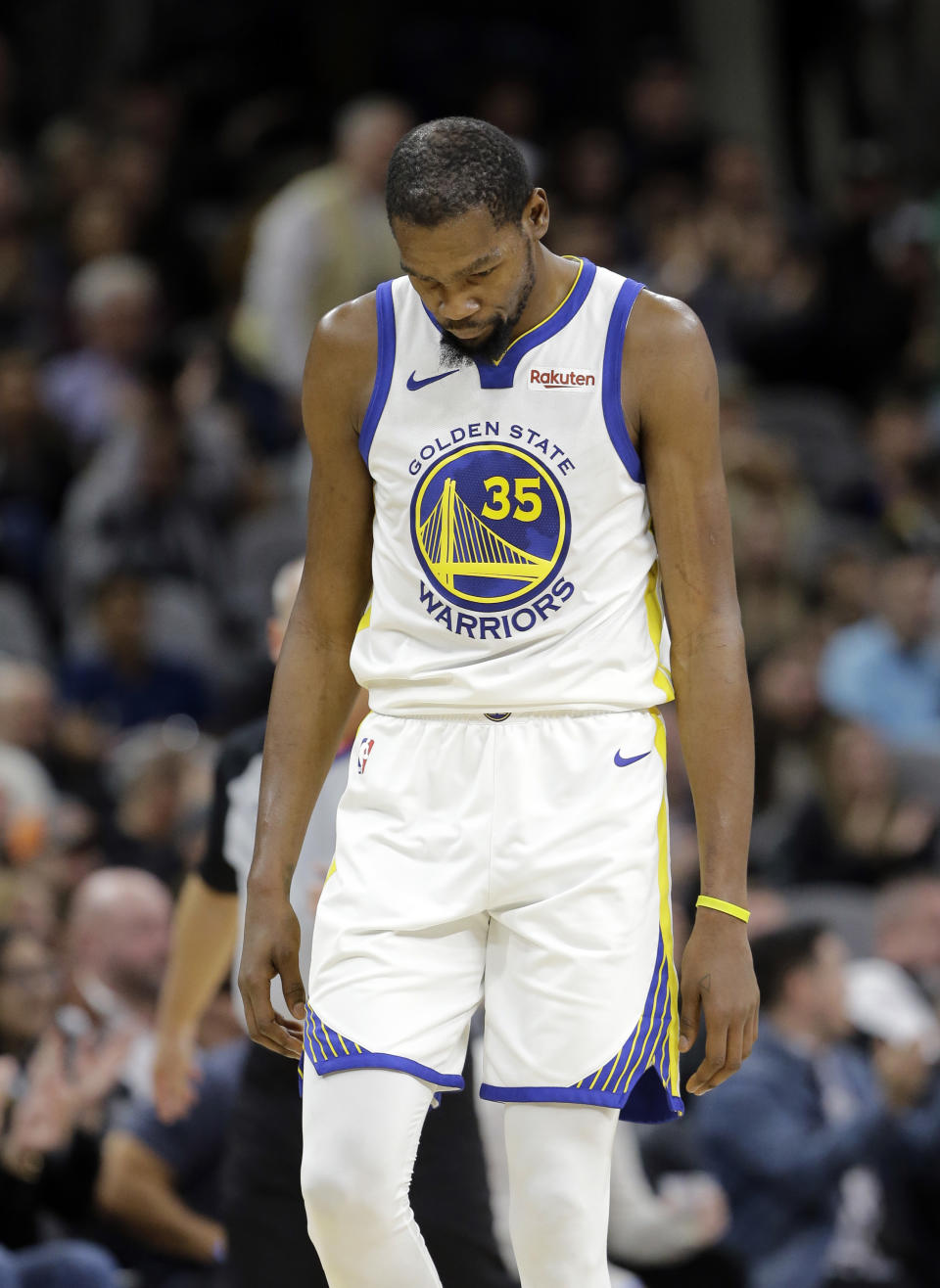 Golden State Warriors forward Kevin Durant (35) walks down court after a play during the second half of an NBA basketball game against the San Antonio Spurs, Sunday, Nov. 18, 2018, in San Antonio. San Antonio won 104-92. (AP Photo/Eric Gay)