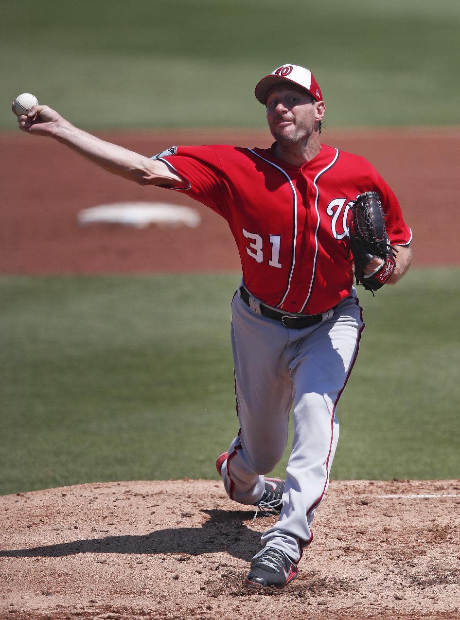 Washington Nationals starting pitcher Max Scherzer works in the third inning of a spring training baseball game against the St. Louis Cardinals, Wednesday, March 22, 2017, in Jupiter, Fla. (AP Photo/John Bazemore)