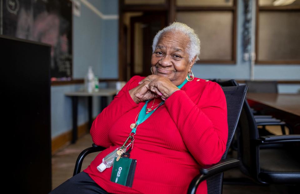 Frances Lewis, 87, a Detroit native, smiles as she sits inside the St. Patrick Senior Center's choir room in Detroit on Wednesday, Jan. 31, 2024. Lewis has been several things, including a resident of Detroit's Black Bottom neighborhood, an author, a wife, a mother, a 32-year Detroit teacher, a community servant, a world traveler, a breast cancer survivor, and more, including the current girlfriend of a gentleman who will be 94 this year.