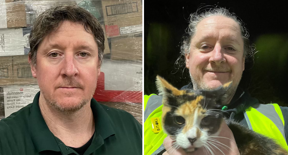 Left, Ex-Woolworths worker Clinton Freshwater stands in front of a large pile of boxes at the Wynnum Plaza store in Brisbane. Right, he holds a cat while wearing a hi-vis vest over his uniform. 