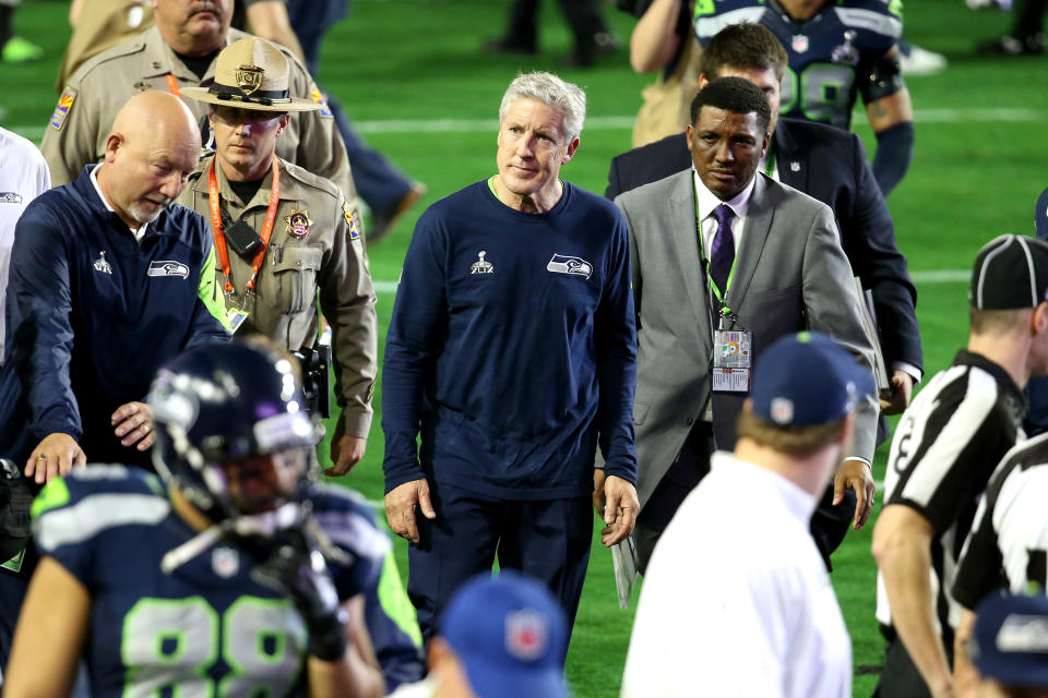 Pete Carroll walks off the field at Super Bowl XLIX where his Seahawks didn’t hit the Beast Mode button. (Getty Images)