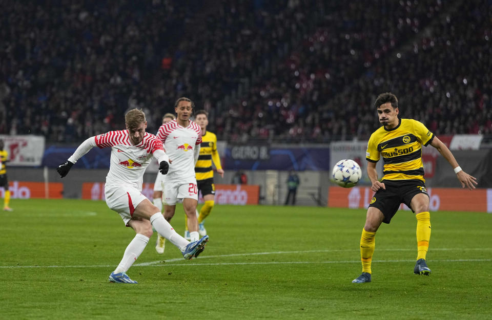 LEIPZIG, GERMANY - DECEMBER 13: Timo Werner of RB Leipzig shoots on goal during the UEFA Champions League match between RB Leipzig and BSC Young Boys at Red Bull Arena on December 13, 2023 in Leipzig, Germany. (Photo by Ulrik Pedersen/DeFodi Images via Getty Images)