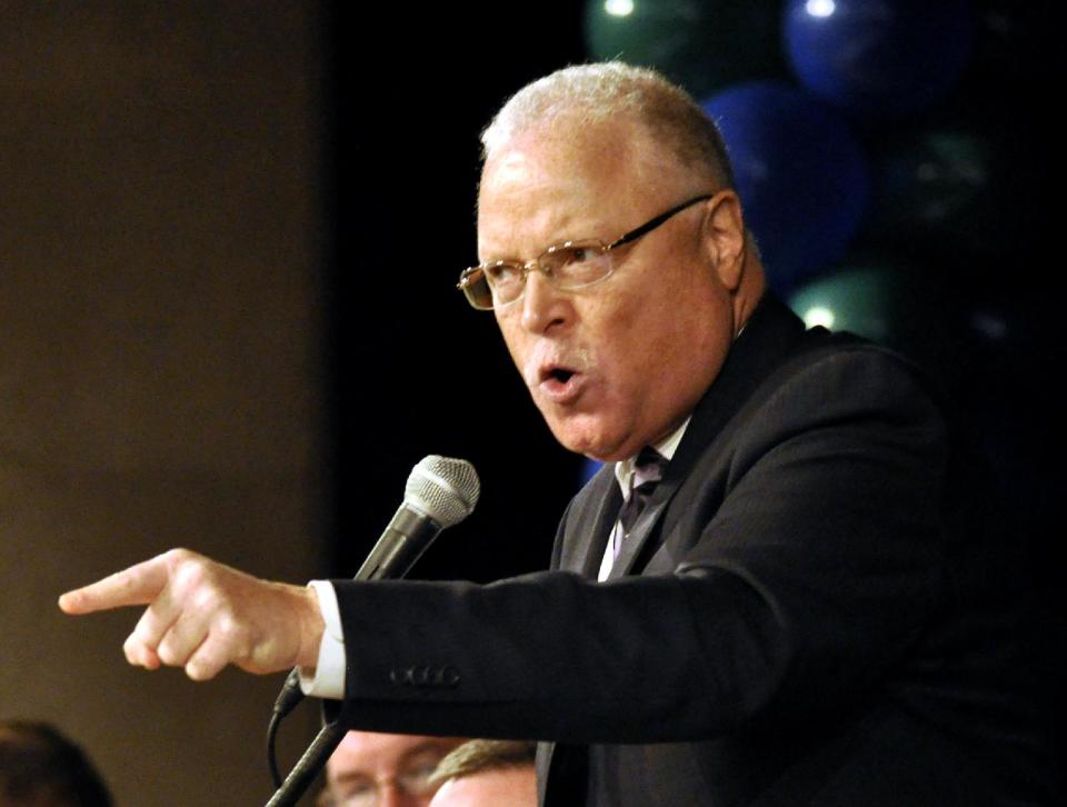 FILE - In this March 6, 2012 file photo AFSCME Secretary-Treasurer Lee A. Saunders speaks in Albany, N.Y. A heated battle is taking place inside the American Federation of State, County and Municipal Employees after its failed effort this week to oust Wisconsin Gov. Scott Walker. At stake is the future direction of the 1.3-million-member government workers union following the labor movement's biggest political loss in three decades. (AP Photo/Stewart Cairns, File)