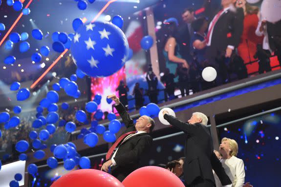 PHILADELPHIA, PA - JULY 28: Democratic Presidential Candidate Hillary Clinton celebrates with Democratic Vice Presidential Candidate Tim Kaine after accepting the nomination on the final day of the Democratic National Convention in Philadelphia on Thursday, July 28, 2016. (Photo by Michael Robinson Chavez/The Washington Post via Getty Images)