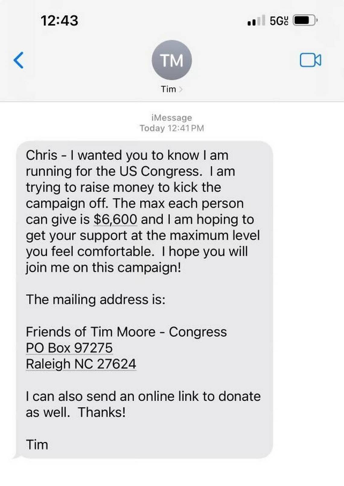 A text from House Speaker Tim Moore to a potential contributor to his 2024 congressional campaign. Screengrab