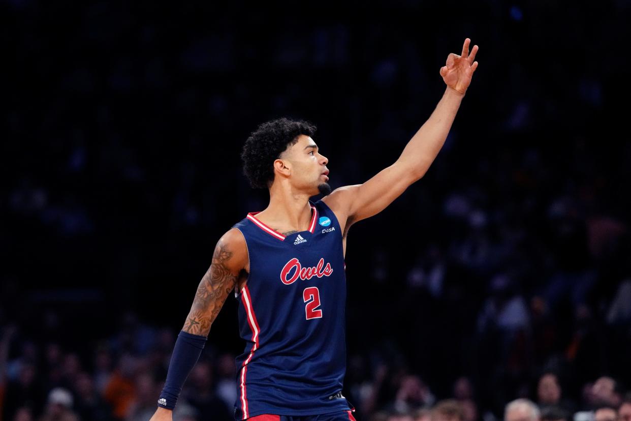 Florida Atlantic guard Nicholas Boyd reacts after a three-point basket during the second half of a Sweet 16 college basketball game against Tennessee in the East Regional of the NCAA tournament at Madison Square Garden, Thursday, March 23, 2023, in New York. (AP Photo/Frank Franklin II)