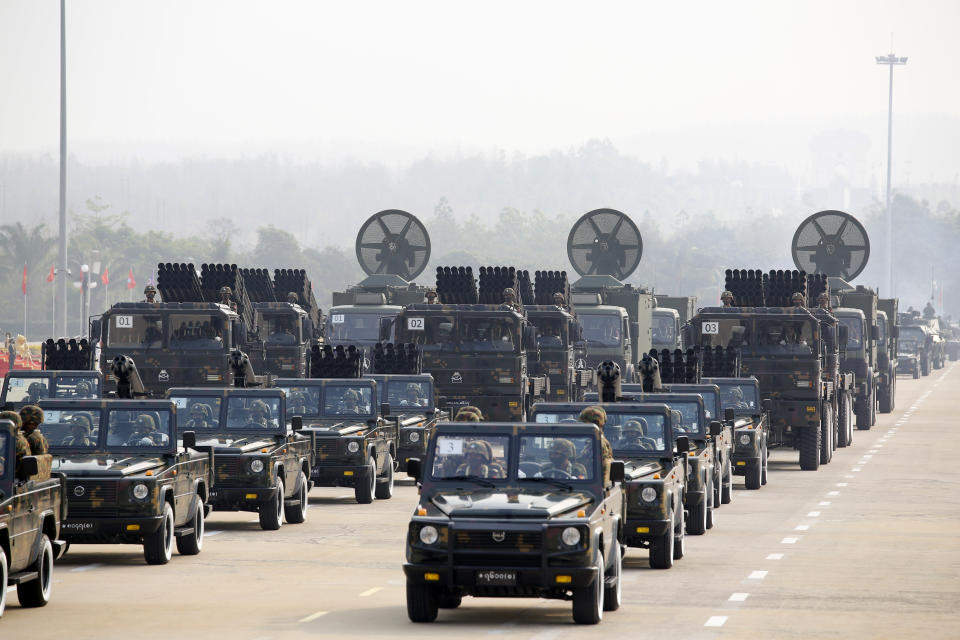 Military vehicles parade during the national Armed Forces Day in Naypyitaw, Myanmar, Saturday, March 27, 2021. Senior Gen. Min Aung Hlaing, the head of Myanmar’s junta, on Saturday used the occasion of the country’s Armed Forces Day to try to justify the overthrow of the elected government of Aung San Suu Kyi, as protesters marked the holiday by calling for even bigger demonstrations. (AP Photo)(AP Photo)