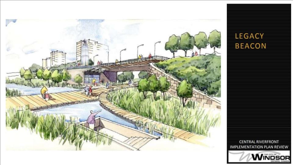 An illustration of the original concept for the Legacy Beacon site on Windsor's riverfront, before the introduction of the streetcar idea.