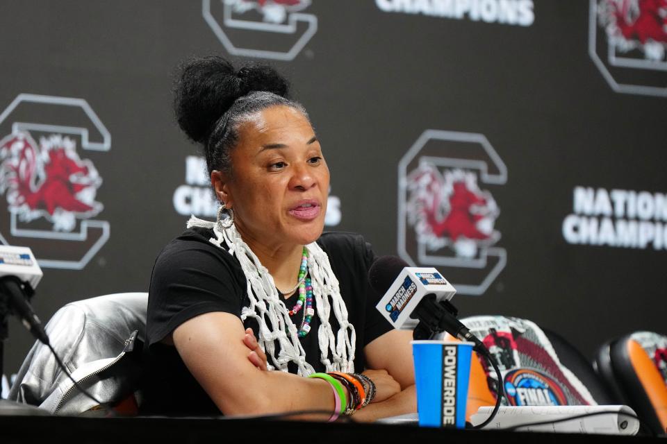 South Carolina women's basketball coach Dawn Staley speaks at a press conference after defeating the Iowa Hawkeyes for the 2024 NCAA Tournament championship at Rocket Mortgage FieldHouse in Cleveland, Ohio.
