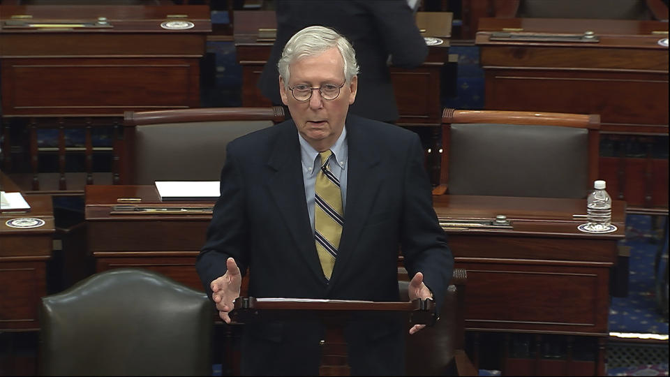 In this image from video, Senate Minority Leader Mitch McConnell of Ky., speaks after the Senate acquitted former President Donald Trump in his second impeachment trial in the Senate at the U.S. Capitol in Washington, Saturday, Feb. 13, 2021. Trump was accused of inciting the Jan. 6 attack on the U.S. Capitol, and the acquittal gives him a historic second victory in the court of impeachment. (Senate Television via AP)